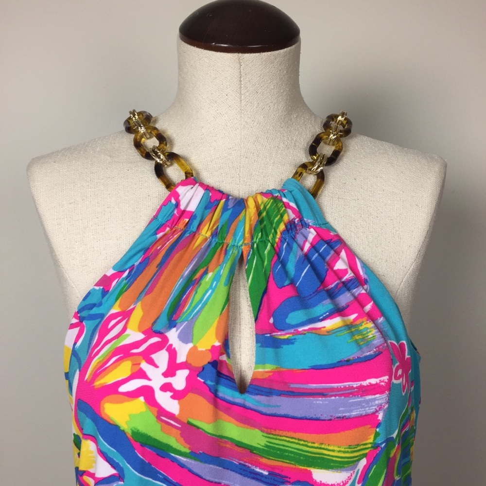Lilly Pulitzer Turquoise Floral Halter Mini Dress with Gold Chain - Picture 3 of 7